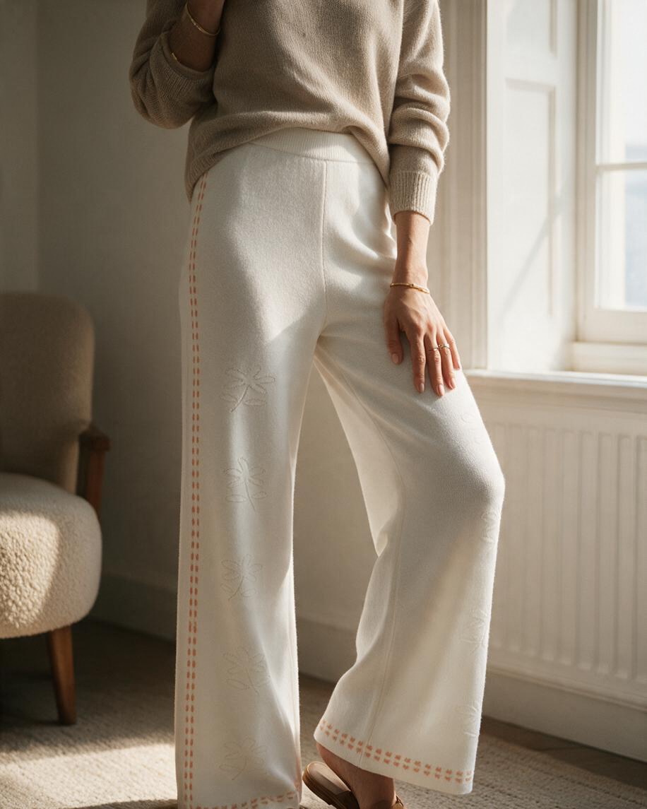 Pantalones Largos de Pierna Ancha Color Blanco con Detalle
