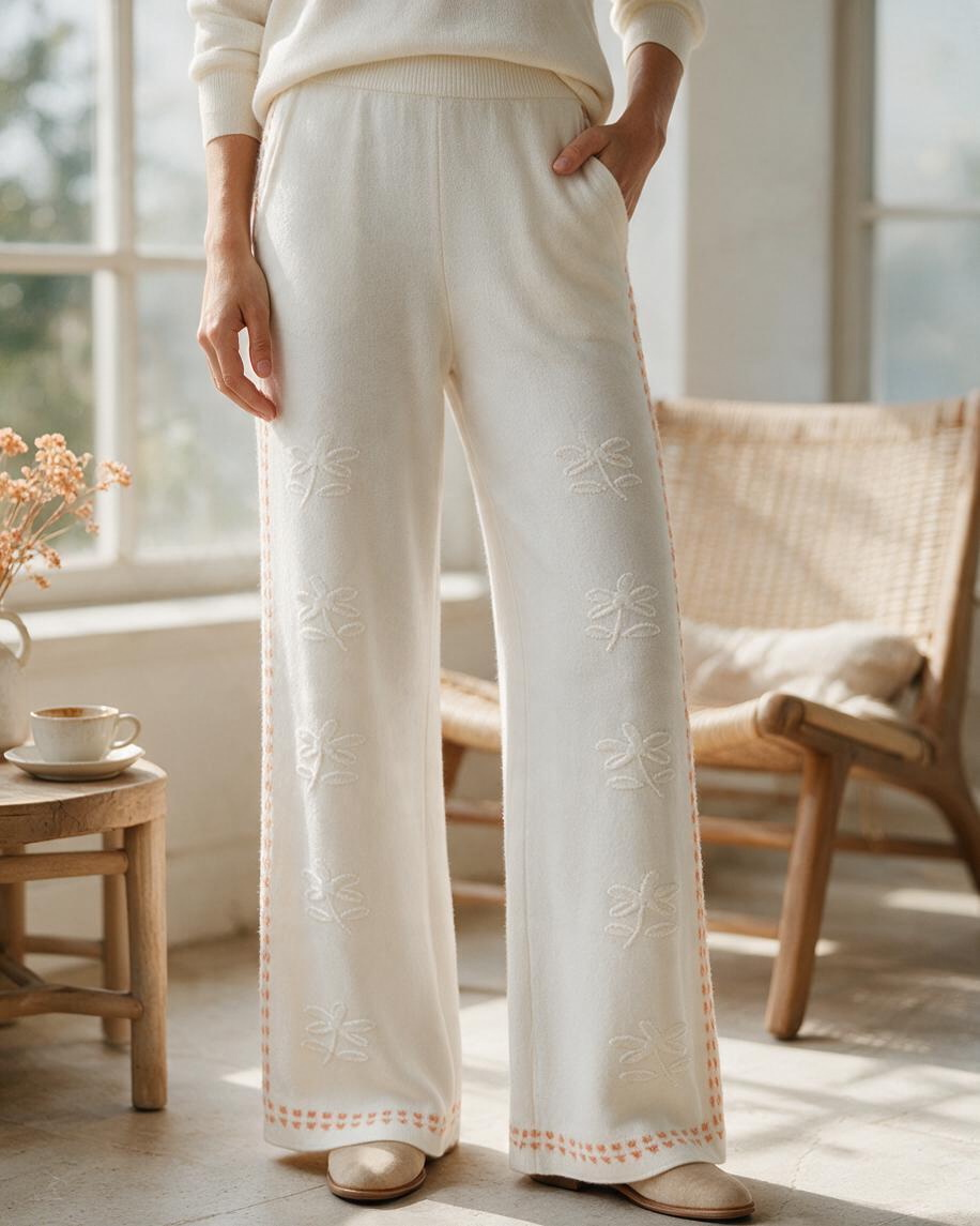 Pantalones Largos de Pierna Ancha Color Blanco con Detalle