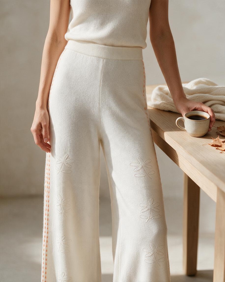 Pantalones Largos de Pierna Ancha Color Blanco con Detalle