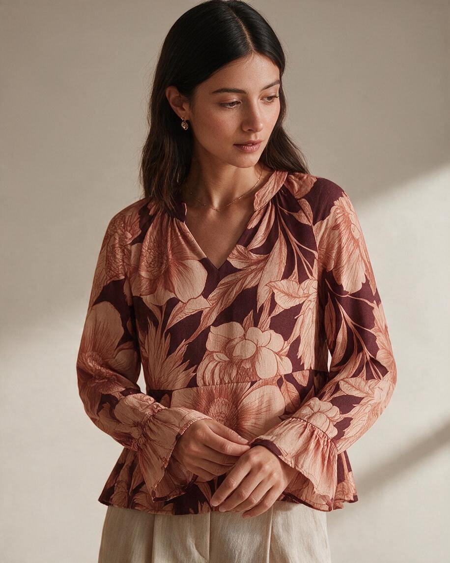 Blusa Romántica de Flores Borgoña con Volantes y Escote en V