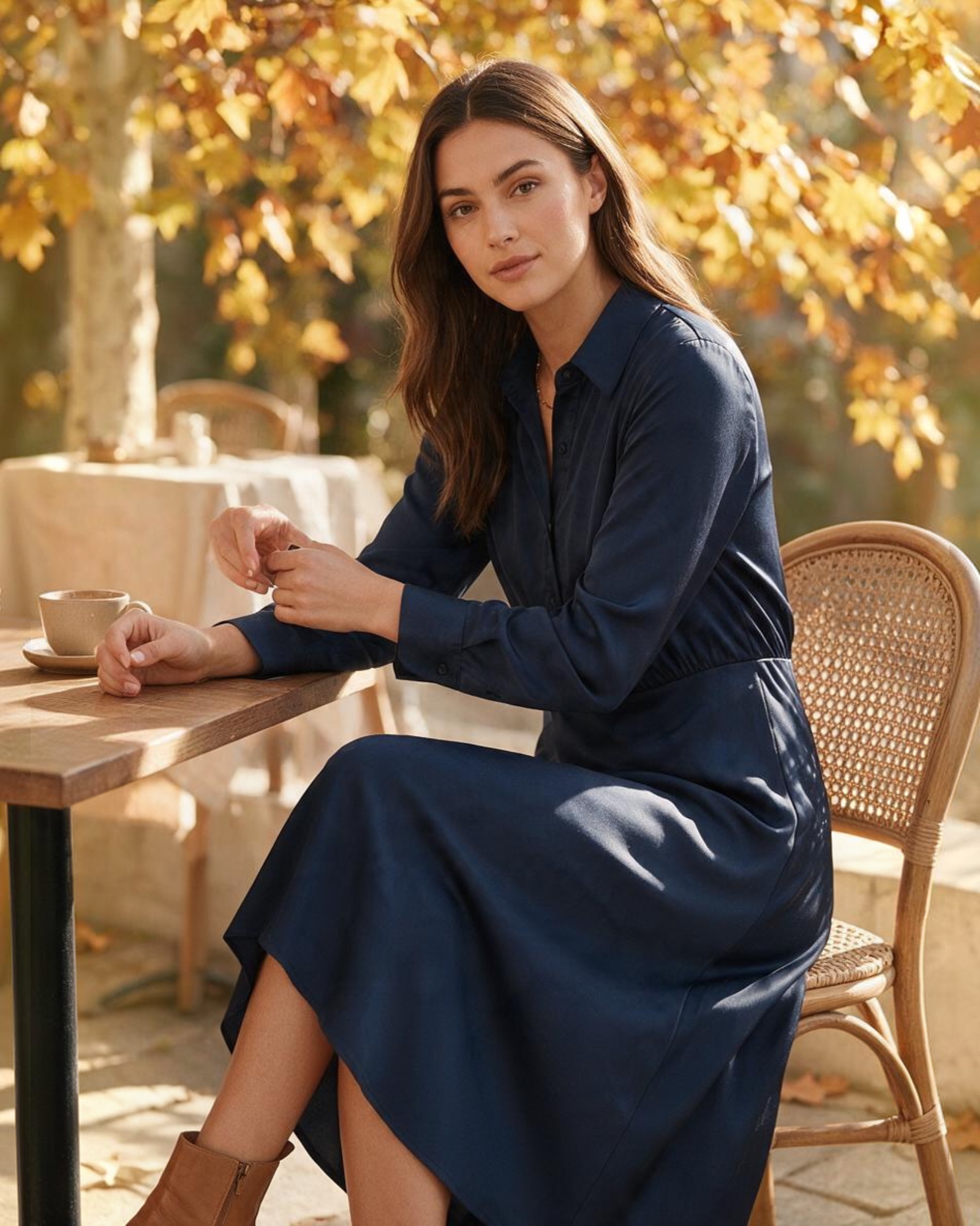 Mujer sentada en una terraza vistiendo un vestido camisa largo azul marino de Yanet Collective con cuello clásico