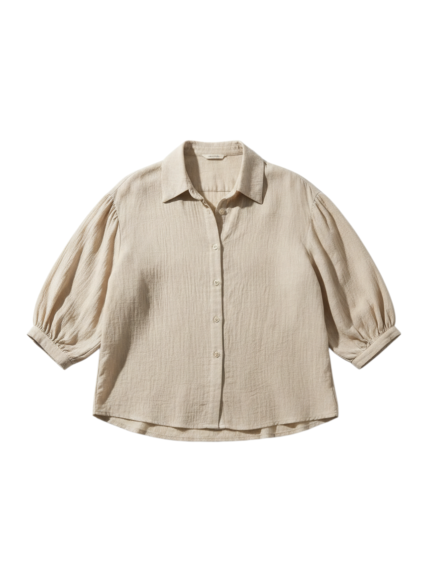 Camisa de Manga Larga Color Beige con Botones