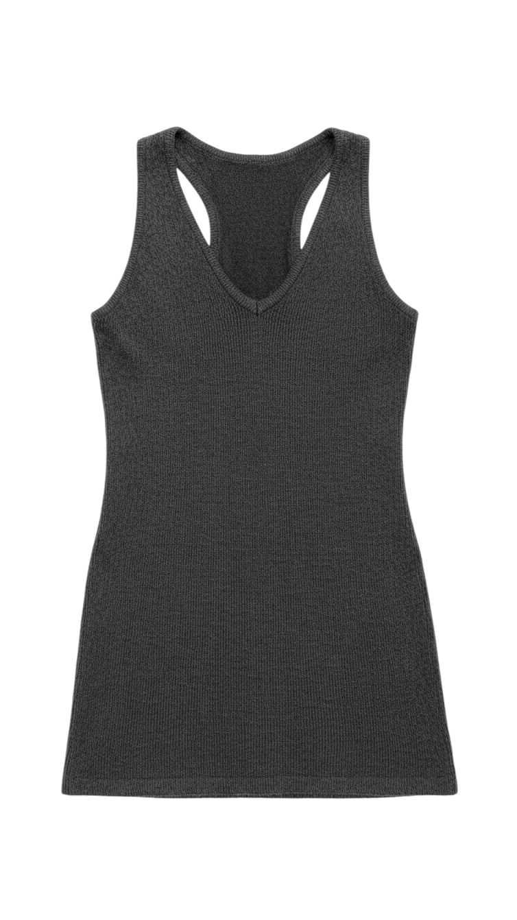Vestido Midi de Punto Charcoal con Escote en V y Aberturas Laterales