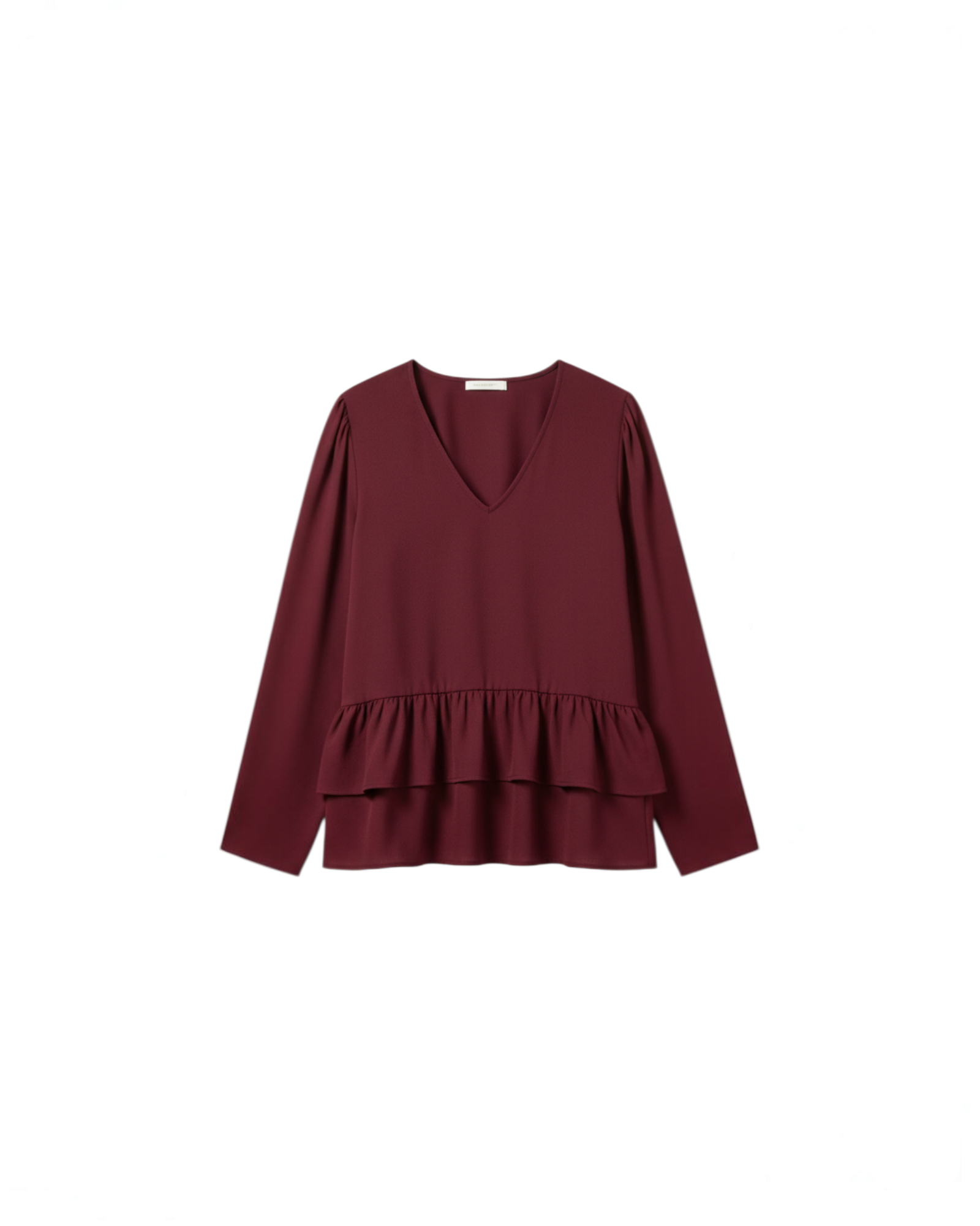 Blusa roja Yanet Collective con escote en V, mangas largas y detalle de volantes en el bajo en tejido ligero