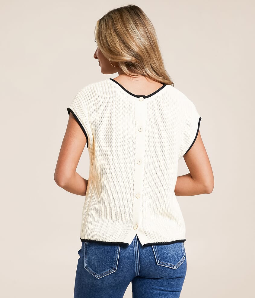 Cream Short Sleeve Knit Top with Button Detail