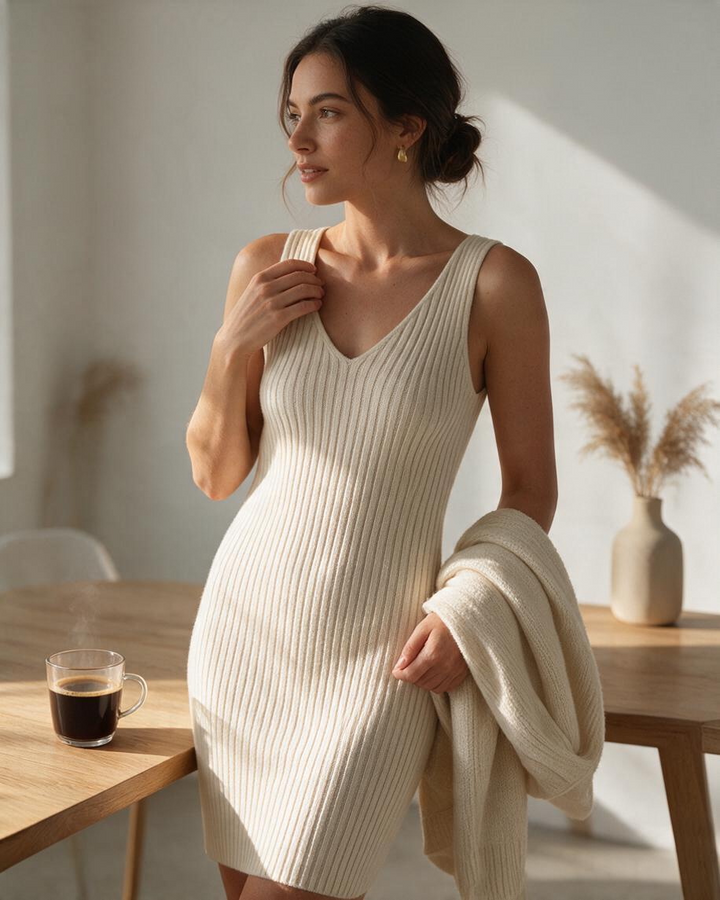 Vestido Sin Mangas de Corte Ajustado Color Crema