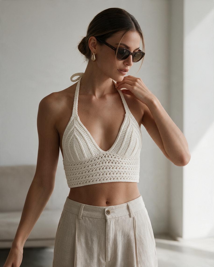 Top Halter de Tejido Color Crema con Detalles