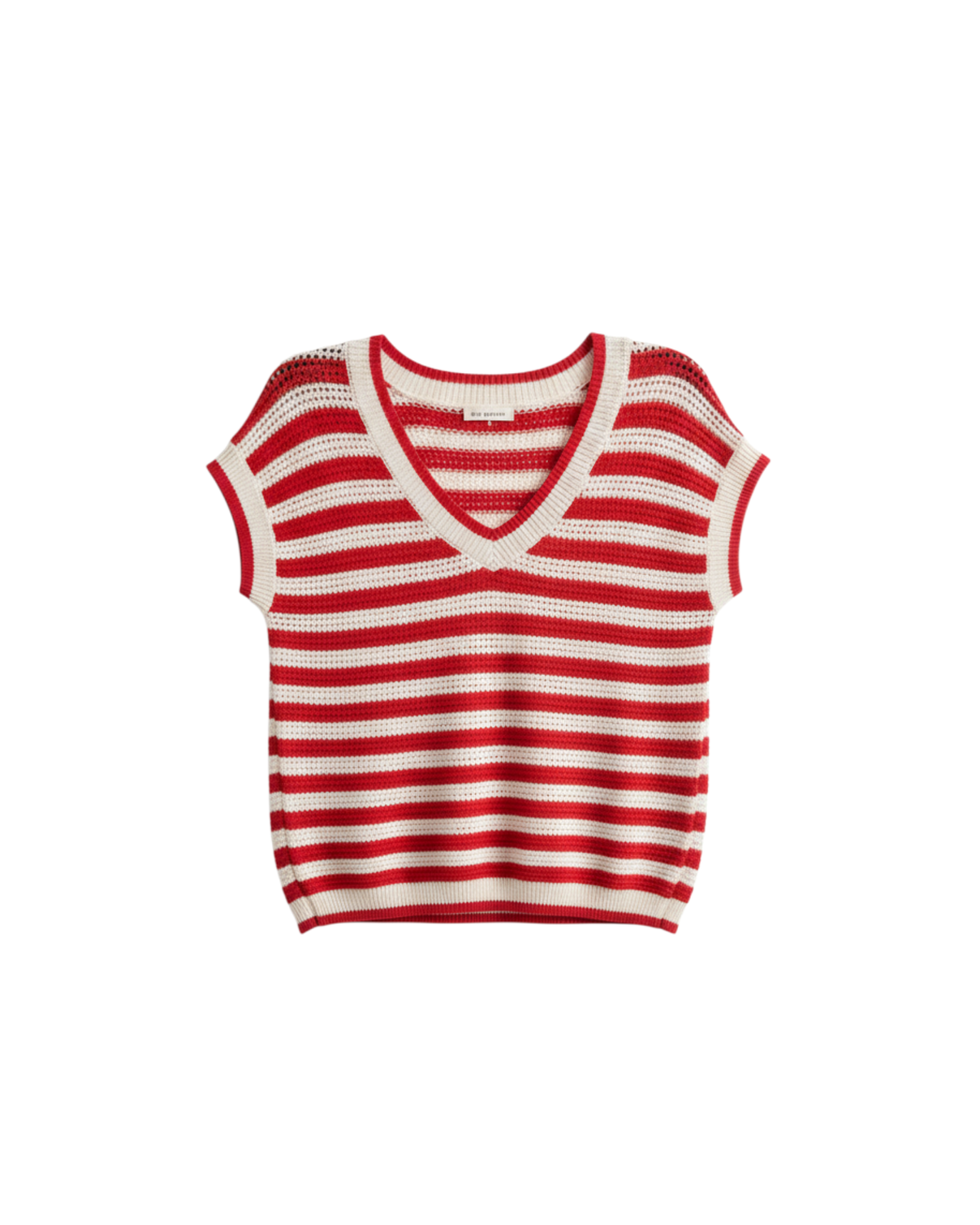 Top corto Yanet Collective de punto con rayas rojas y crema, manga corta y escote en V para un estilo veraniego
