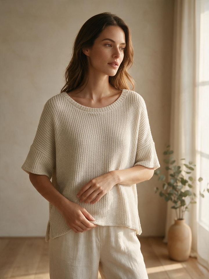 Blusa de Manga Corta Color Crema con Textura Tejida
