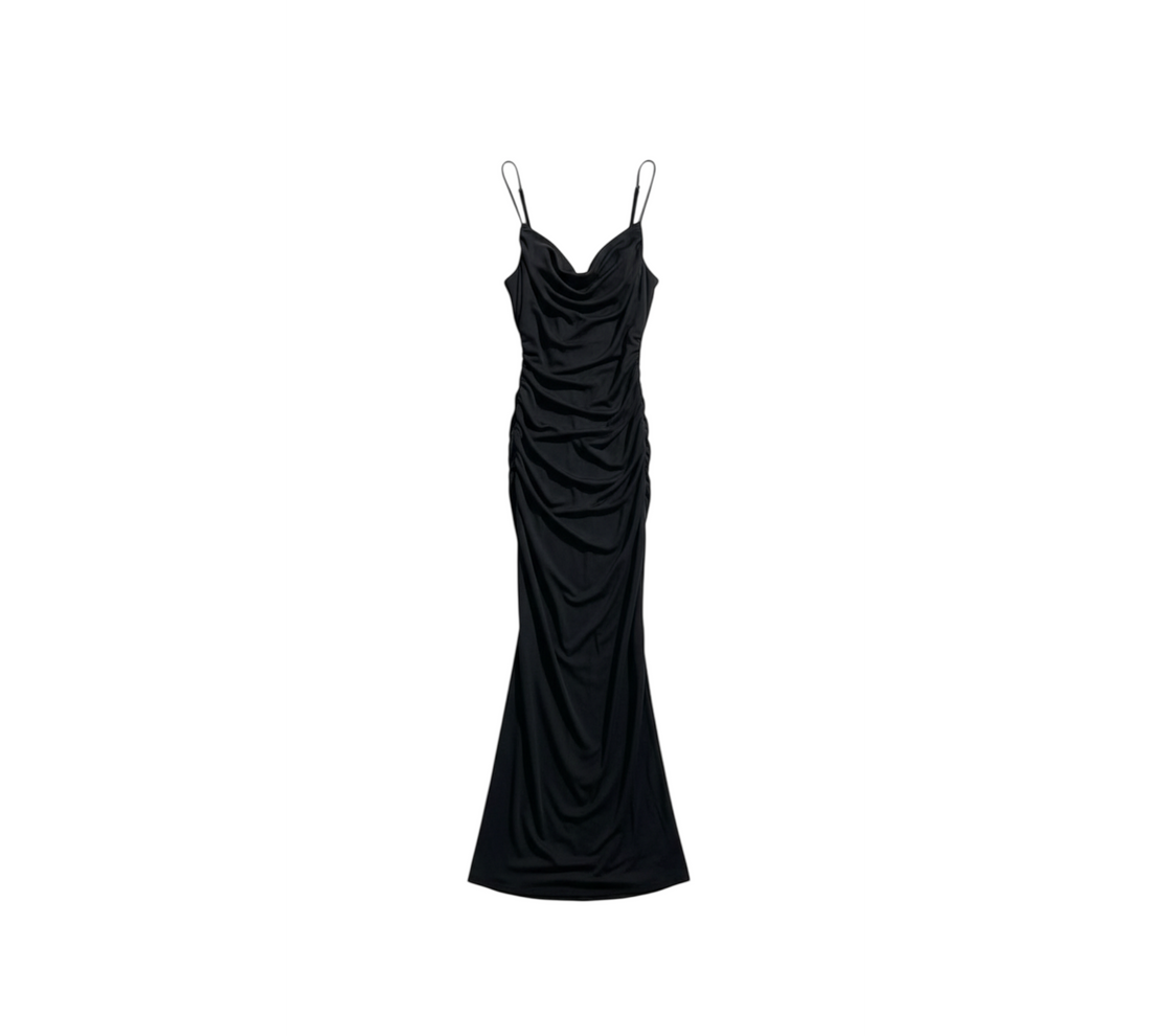 Yanet Collective black sleeveless maxi dress with a cowl neckline and ruched draped detailing for a fitted silhouette.