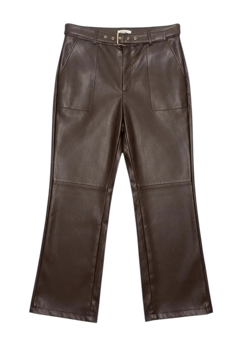 Pantalones de Piel Sintética Color Café con Cinturón