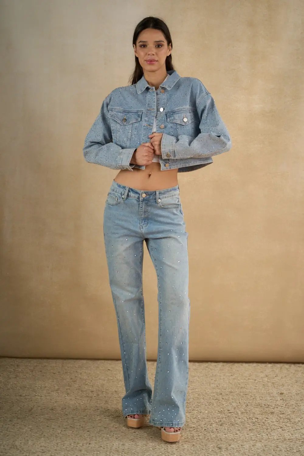Jeans de Mezclilla Rectos con Estoperoles Brillos para Mujer by Yanet Collective