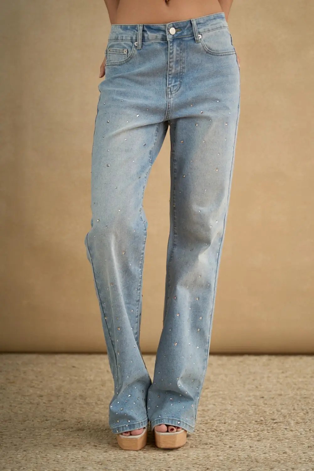 Jeans de Mezclilla Rectos con Estoperoles Brillos para Mujer by Yanet Collective