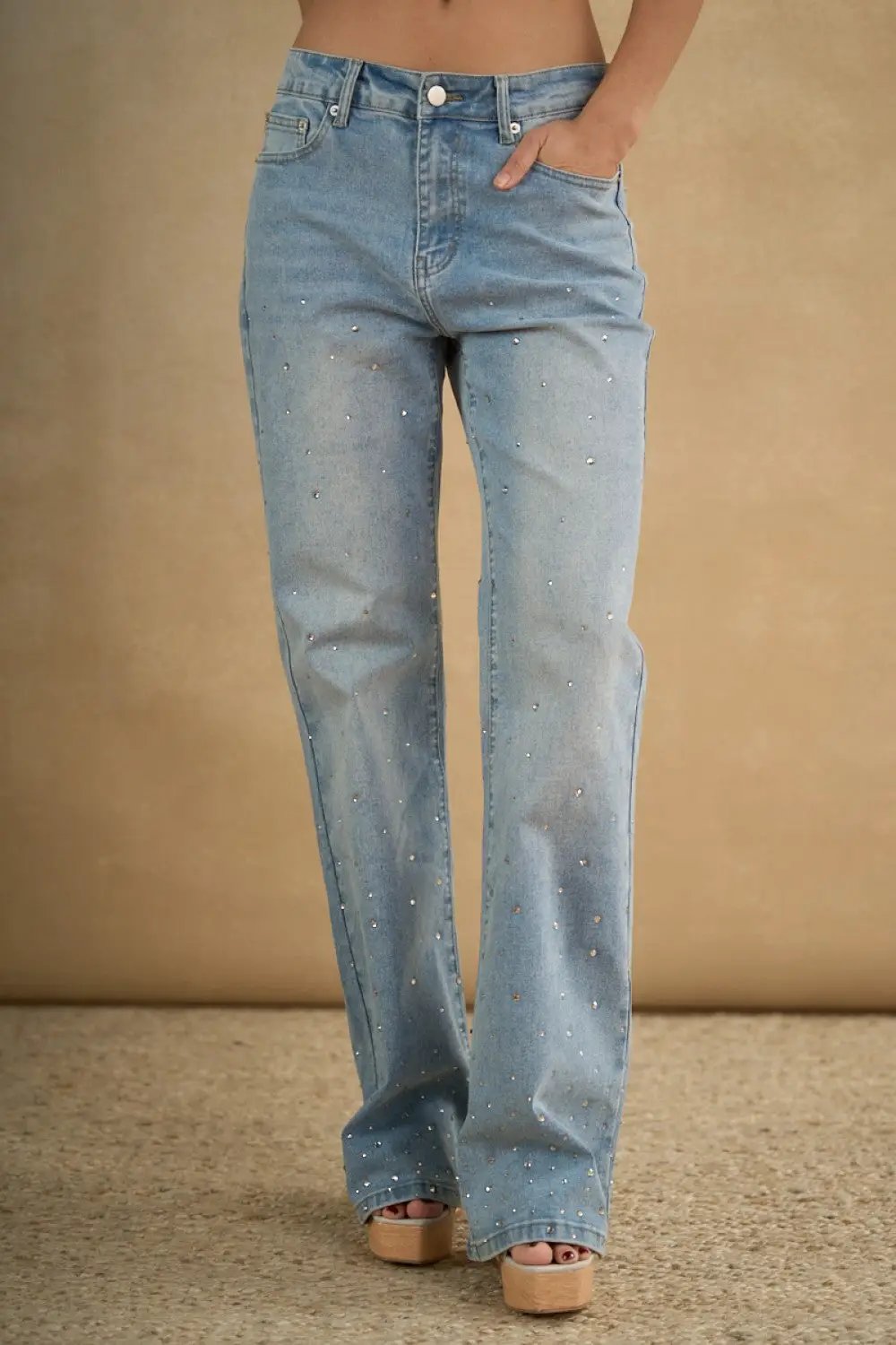 Jeans de Mezclilla Rectos con Estoperoles Brillos para Mujer by Yanet Collective
