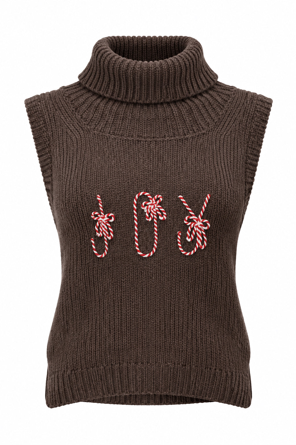 Suéter Top Tejido Sin Manga de Cuello Alto Color Café con Diseño