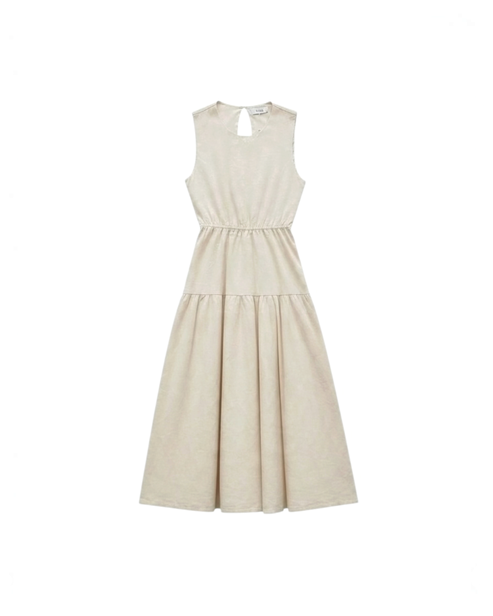 Vestido midi beige Yanet Collective sin mangas con cintura elástica y falda con volante en un estilo minimalista