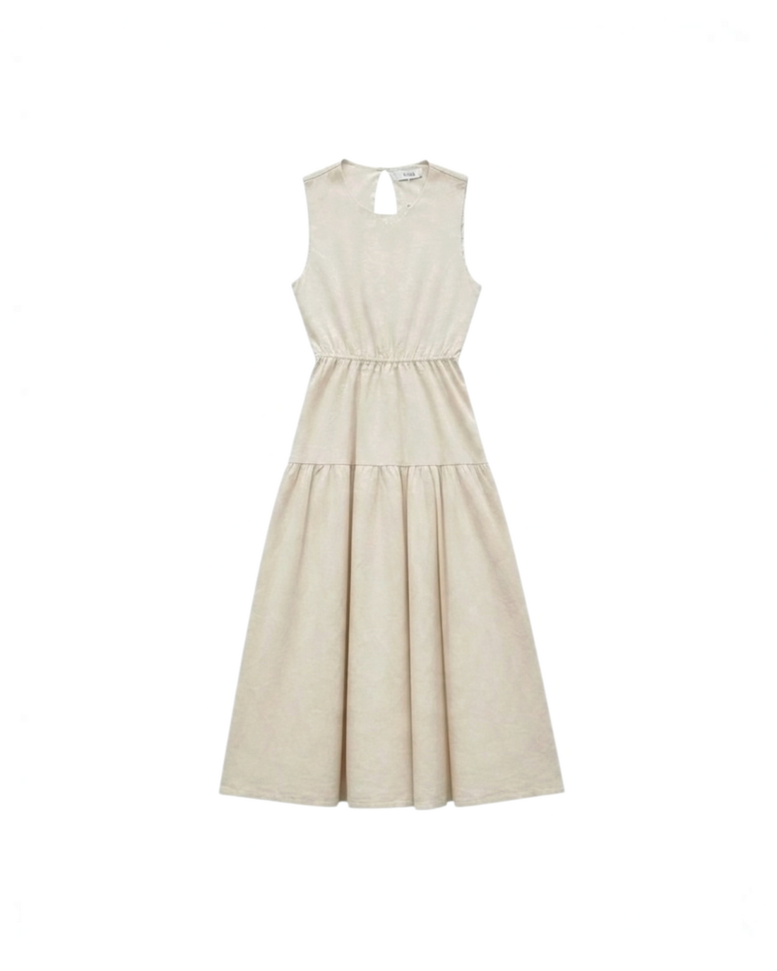 Vestido midi beige Yanet Collective sin mangas con cintura elástica y falda con volante en un estilo minimalista