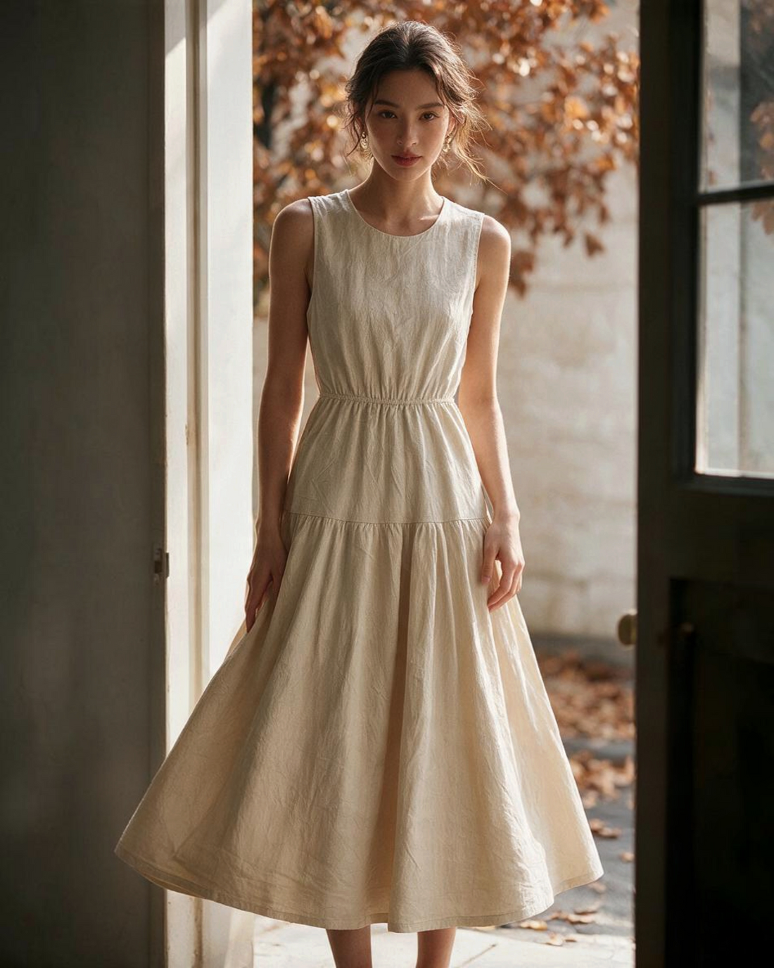 Vestido midi beige Yanet Collective sin mangas con cintura entallada y falda fluida en un entorno natural elegante