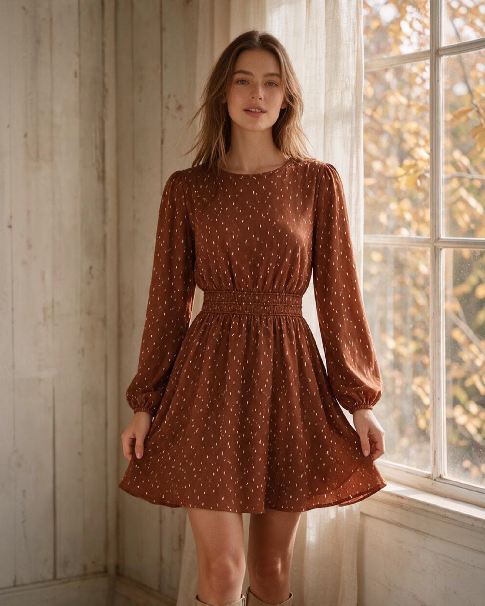 Modelo vistiendo vestido midi Yanet Collective color óxido con estampado de puntos, mangas largas y cintura elástica