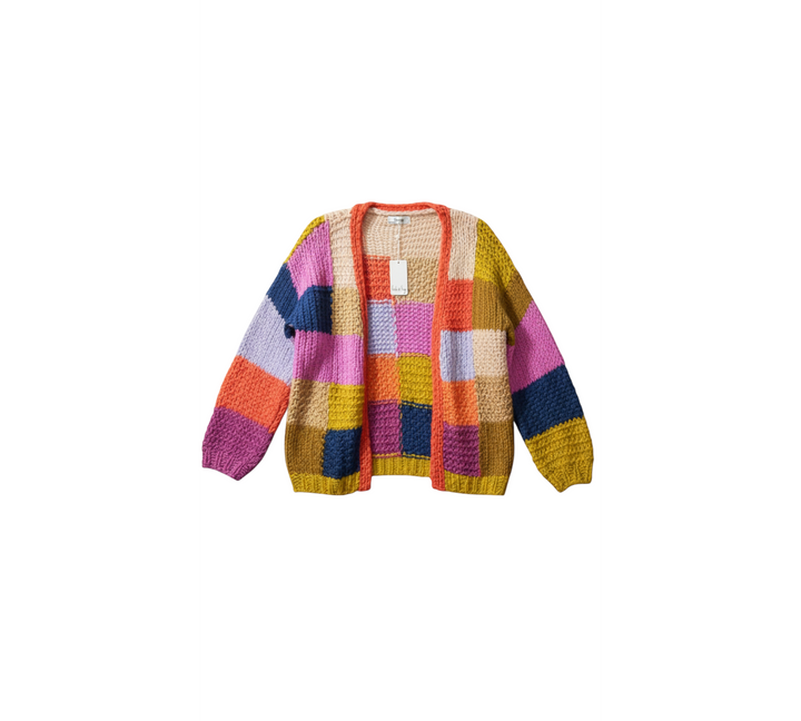 Yanet Collective open-front knit cardigan featuring a vibrant multicolor patchwork design and flared sleeves.