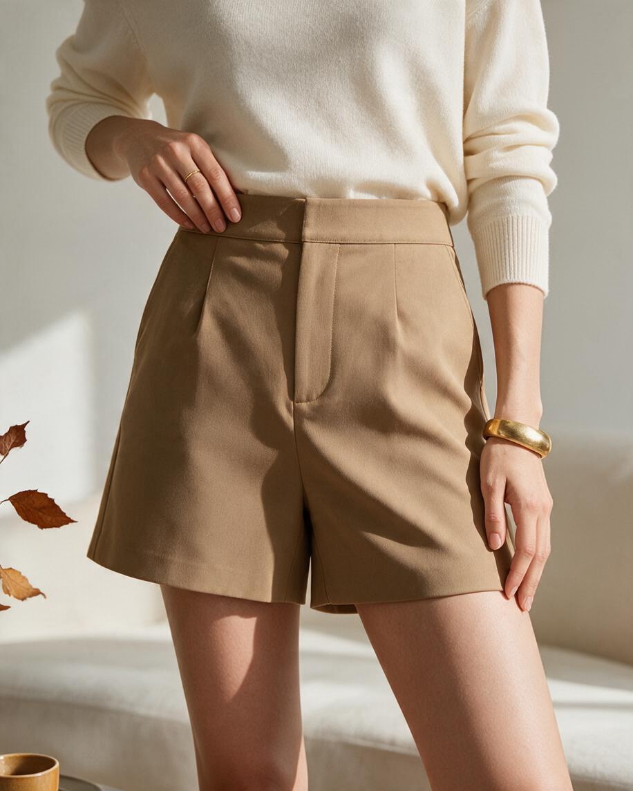 Shorts de Tiro Alto Color Beige con Pliegues