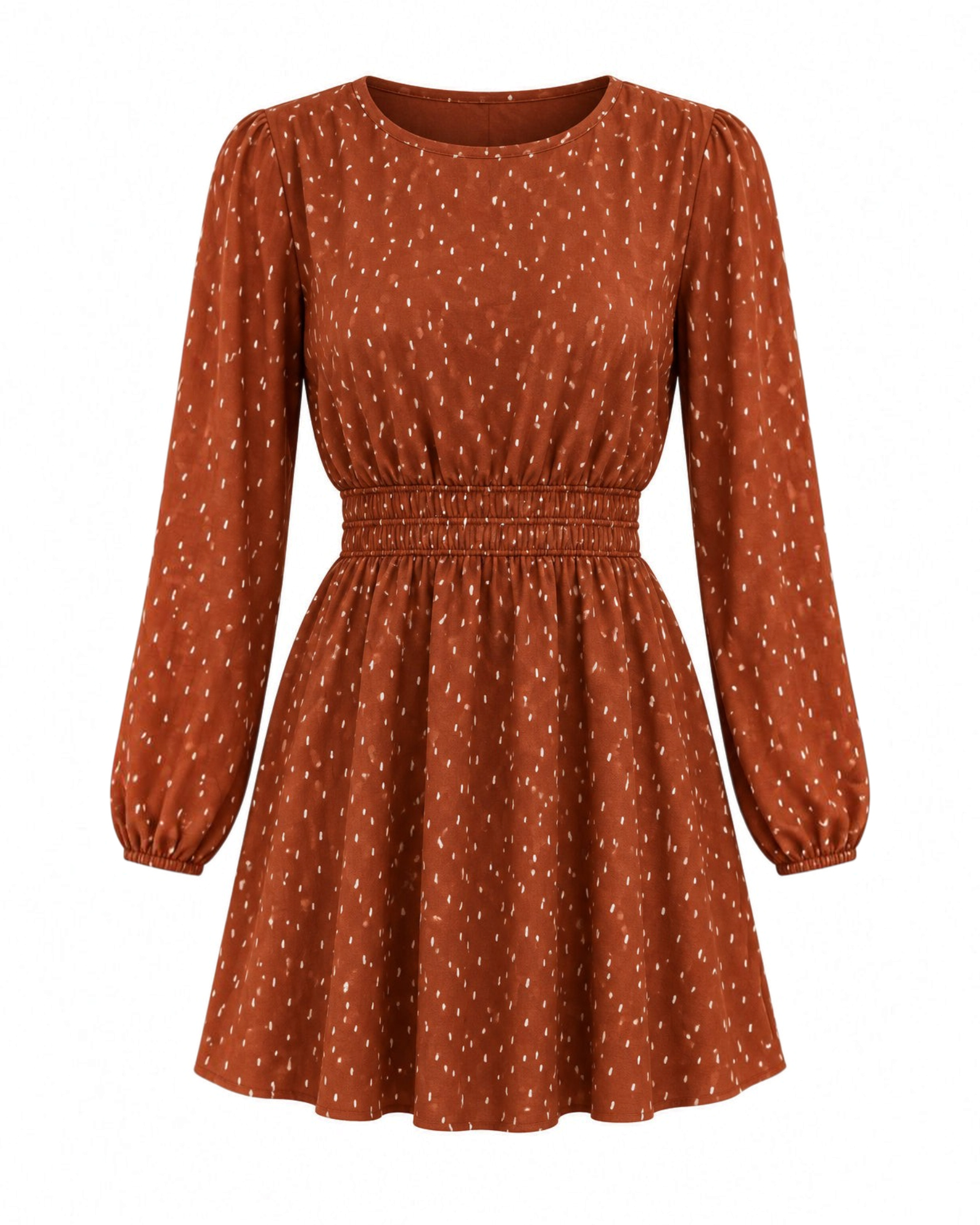 Vestido Midi Rust de Manga Larga con Lunares y Cintura Elástica