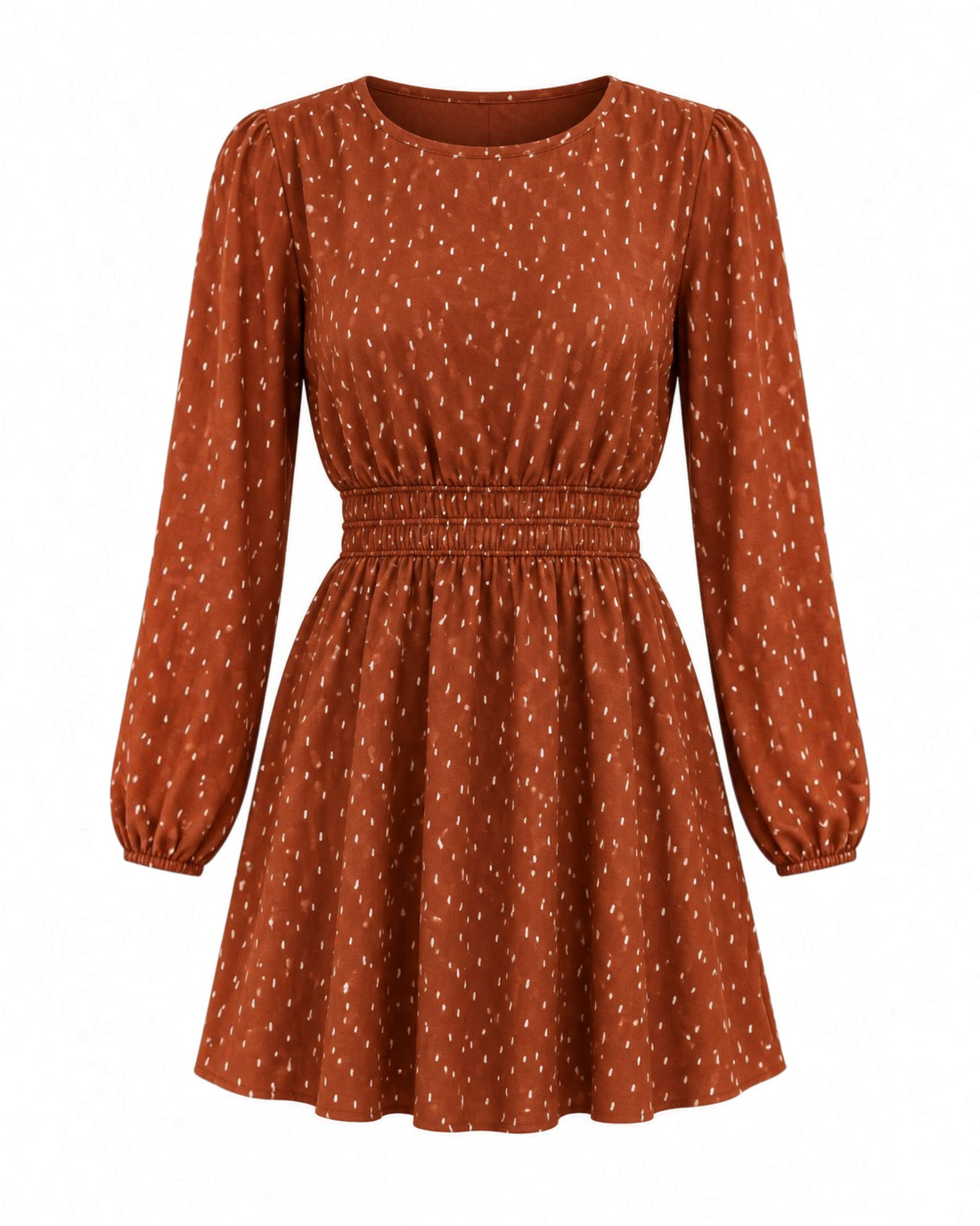 Vestido Midi Rust de Manga Larga con Lunares y Cintura Elástica