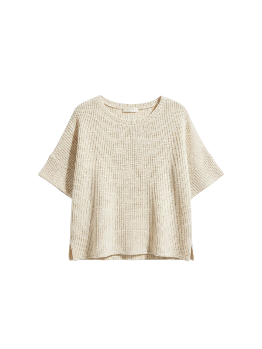 Blusa de Manga Corta Color Crema con Textura Tejida