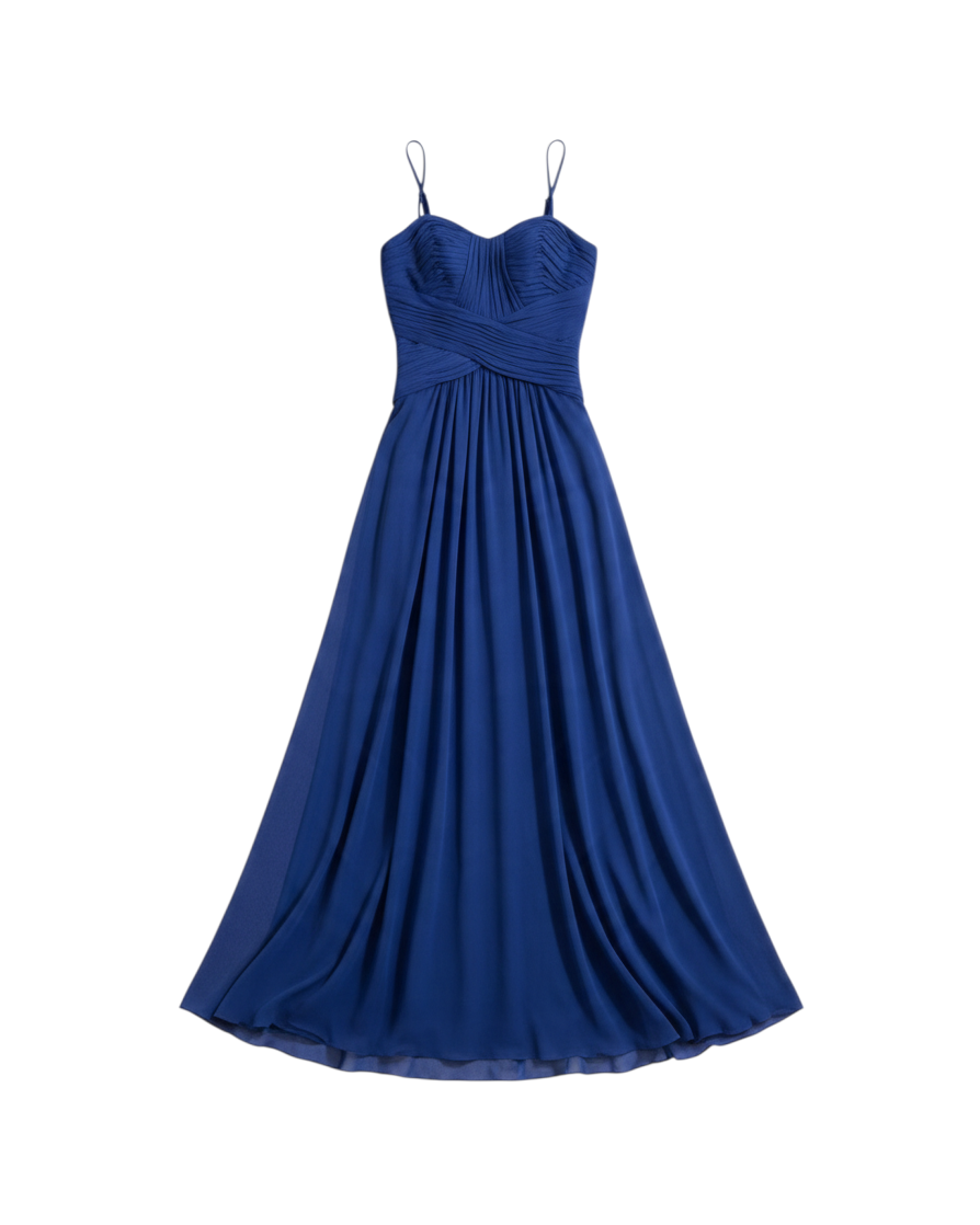 Vestido Azul Largo Elegante con Corte Clásico y Detalles Sutiles para Fiestas y Ocasiones Especiales