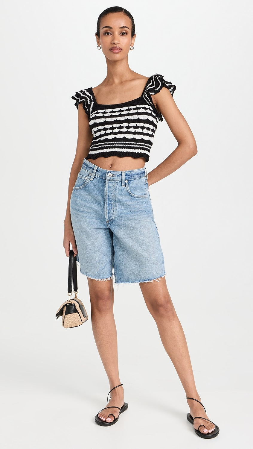 Navy & White Scalloped Crop Top with Patterned Knit