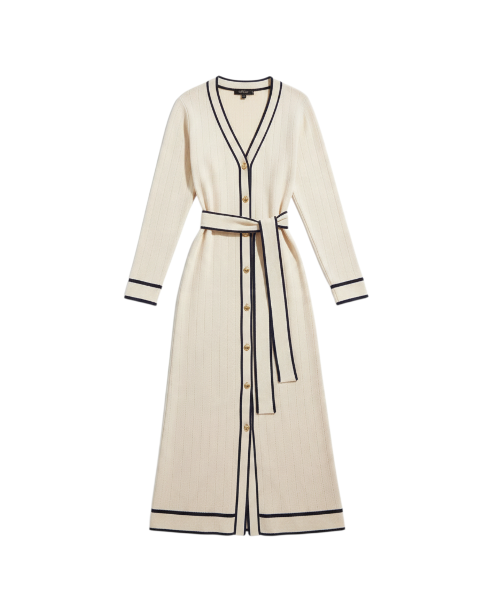 Vestido largo beige de punto de Yanet Collective con manga larga, botones frontales y cinturón a juego