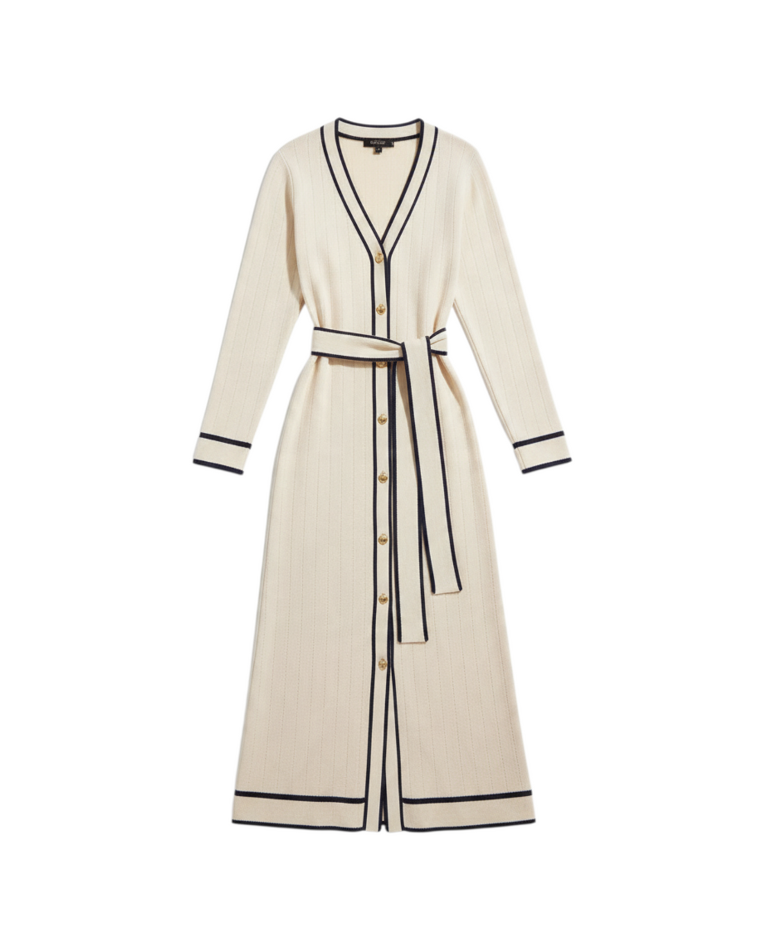 Vestido largo beige de punto de Yanet Collective con manga larga, botones frontales y cinturón a juego