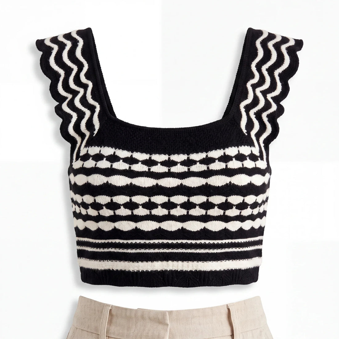 Navy & White Scalloped Crop Top with Patterned Knit