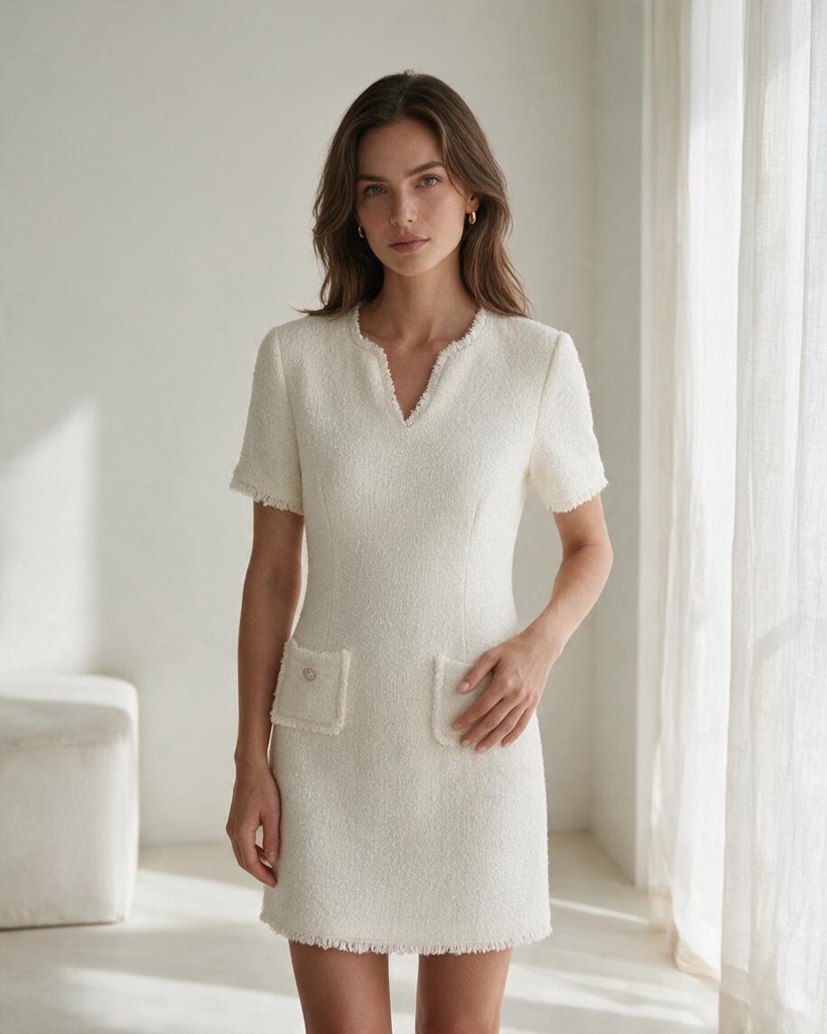 Vestido Corto Beige Con Manga Corta Y Estilo Recto Ideal Para Verano Y Ocasiones Especiales