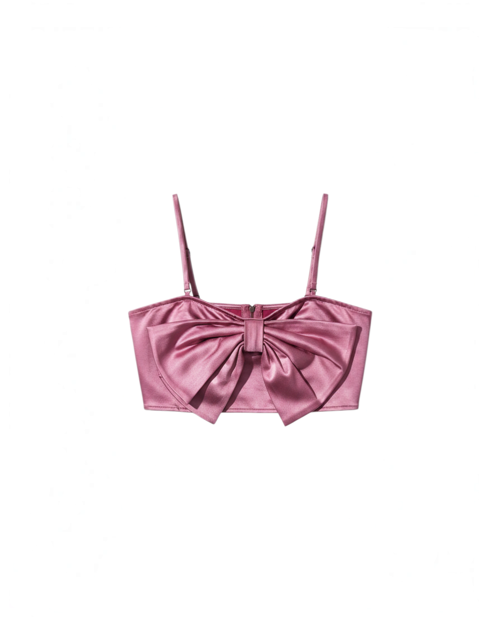 Crop top rosa de Yanet Collective con tirantes finos ajustables y un elegante detalle de lazo frontal