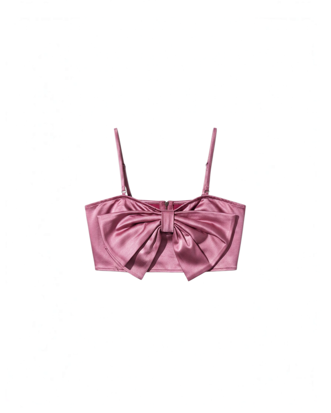 Crop top rosa de Yanet Collective con tirantes finos ajustables y un elegante detalle de lazo frontal