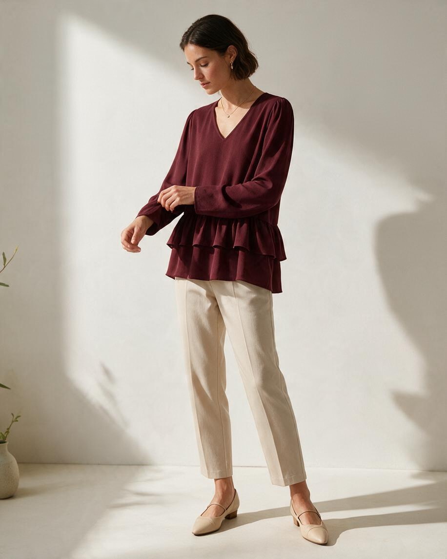 Blusa Roja Escote en V con Dobladillo de Volantes - Estilo Boutique