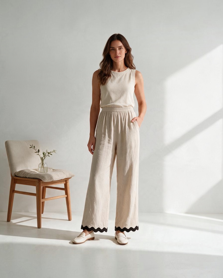 Modelo vistiendo pantalones Yanet Collective wide-leg beige con ribete negro y top a juego en estudio luminoso