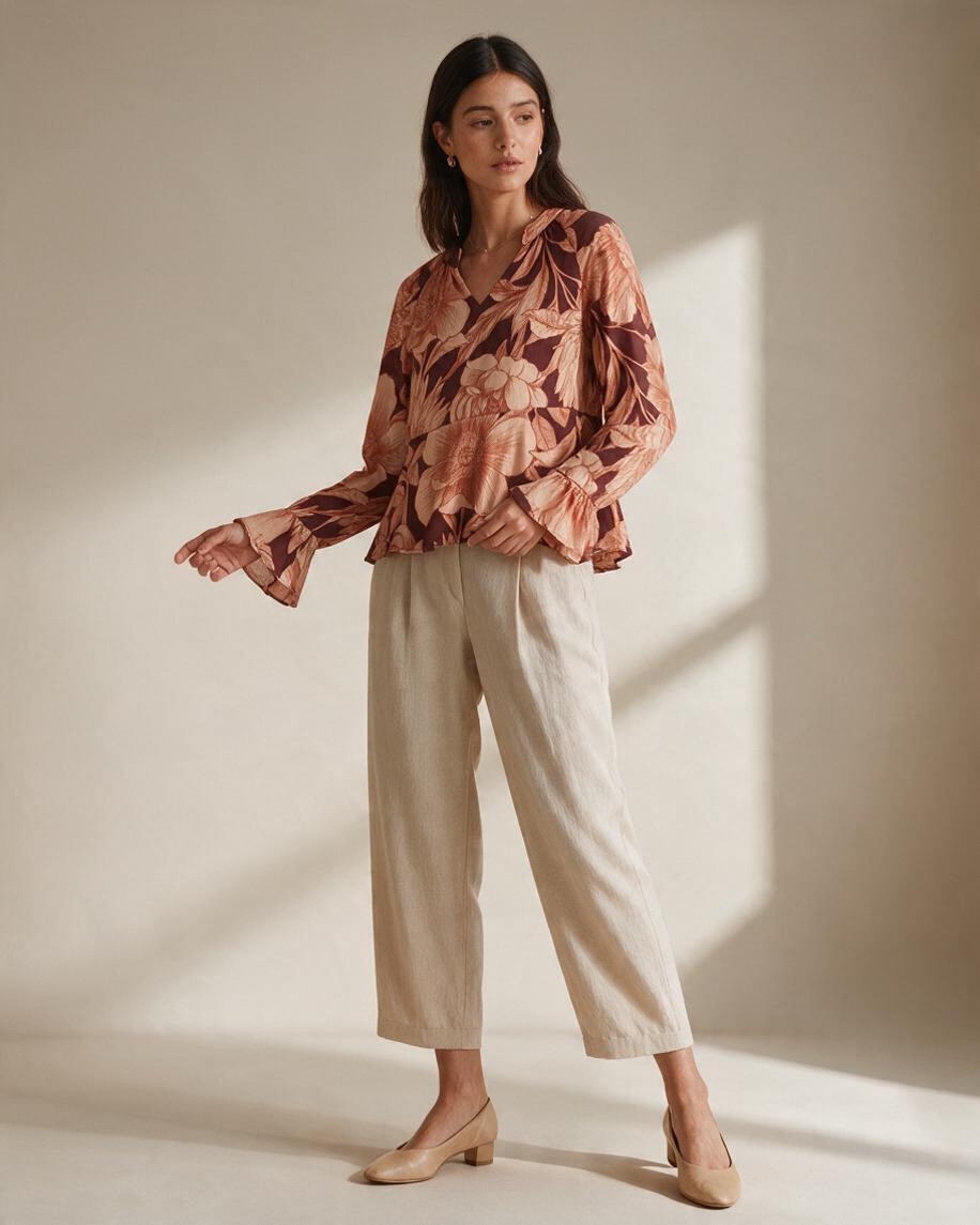 Blusa Romántica de Flores Borgoña con Volantes y Escote en V