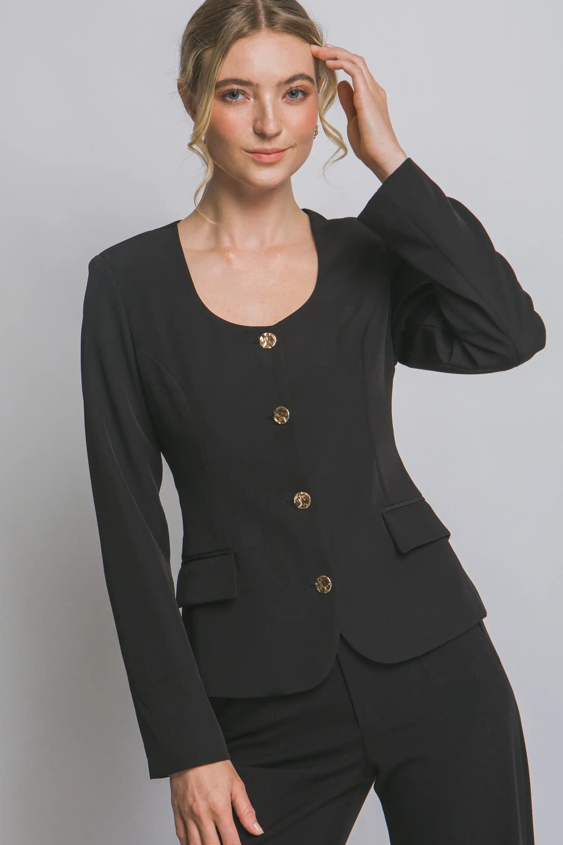 Blazer Blusa Mujer Elegante con Botones Dorados - Estilo Clásico, Color Negro by LOVE TREE