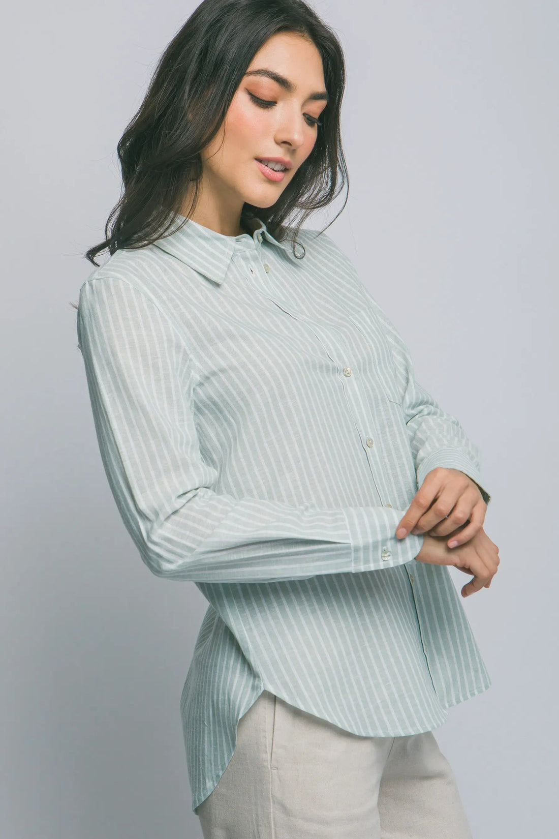Camisa de Lino a Rayas para Mujer - Estilo Casual y Elegante Azul Manga Larga by LOVE TREE