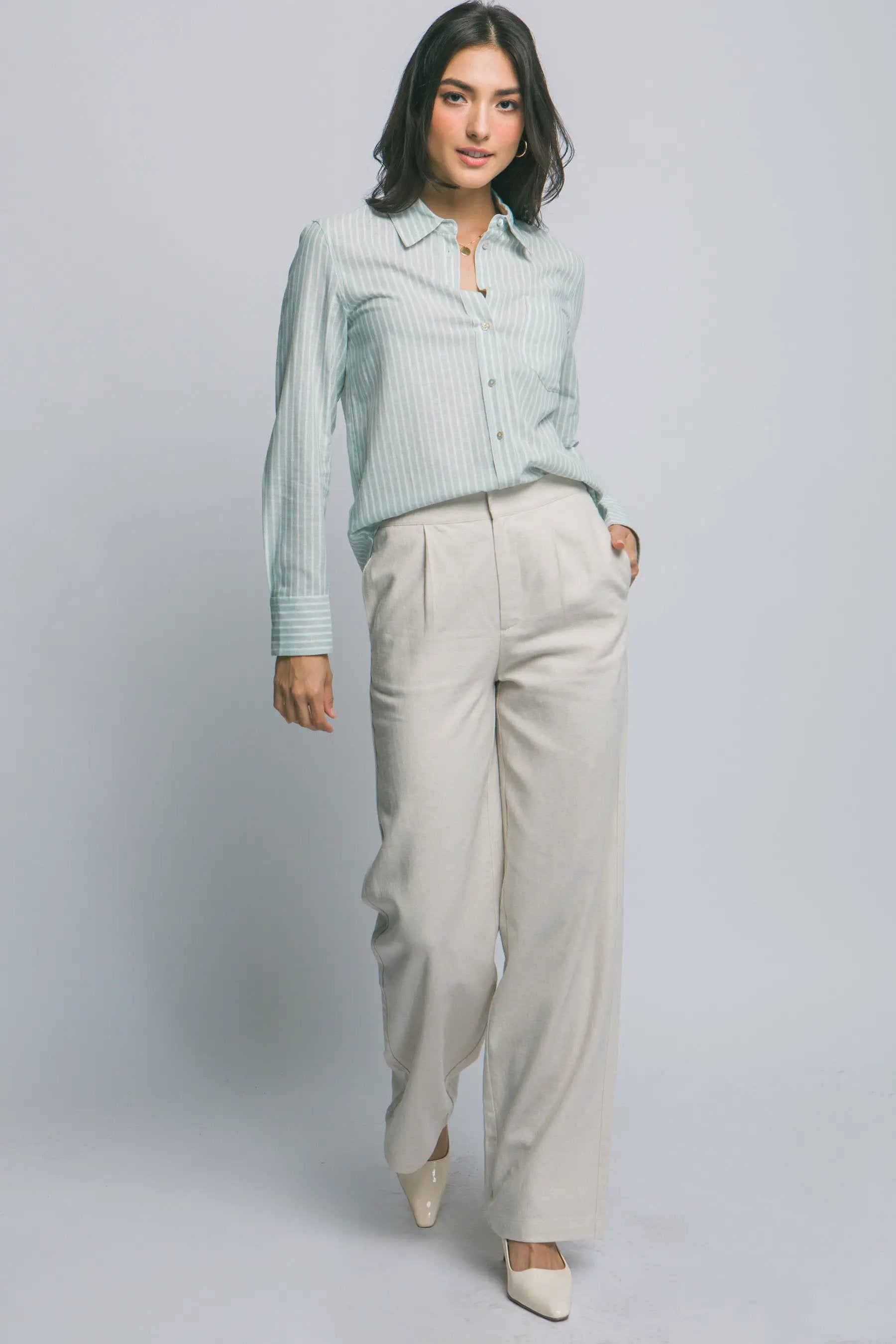 Camisa de Lino a Rayas para Mujer - Estilo Casual y Elegante Azul Manga Larga by LOVE TREE