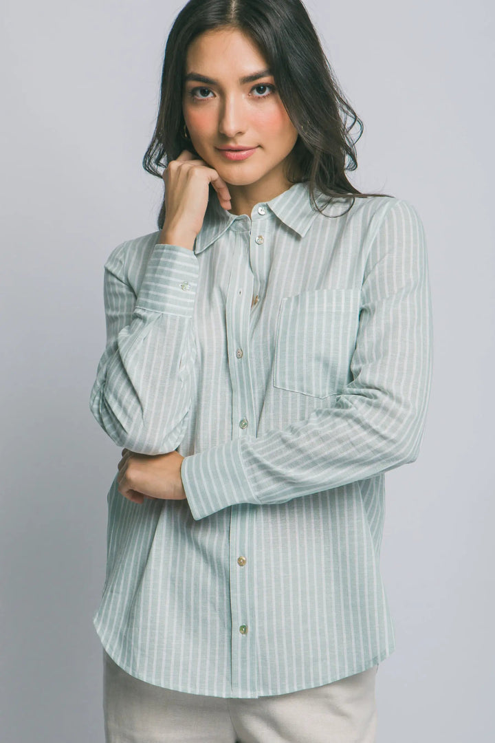 Camisa de Lino a Rayas para Mujer - Estilo Casual y Elegante Azul Manga Larga by LOVE TREE