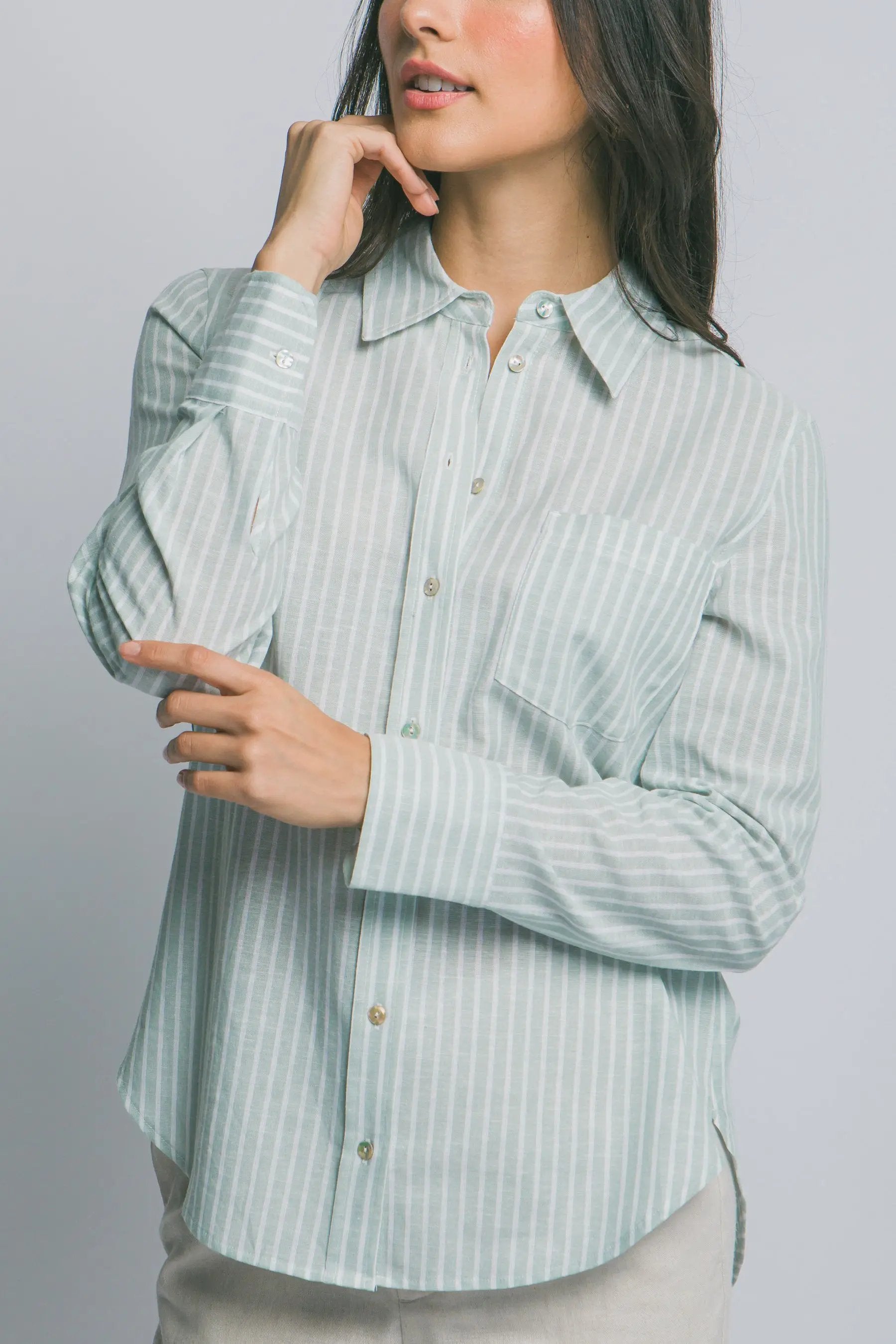 Camisa de Lino a Rayas para Mujer - Estilo Casual y Elegante Azul Manga Larga by LOVE TREE