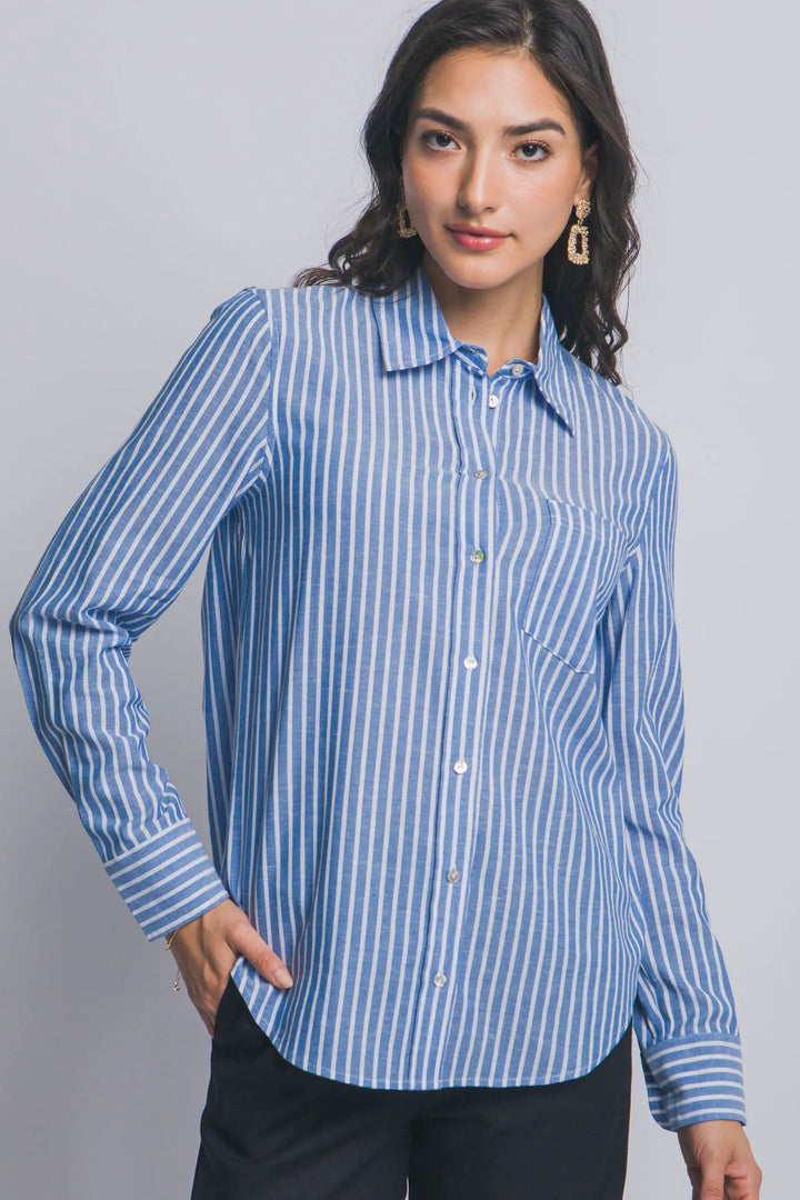 Camisa de Lino a Rayas para Mujer - Estilo Casual y Elegante Azul Manga Larga by LOVE TREE