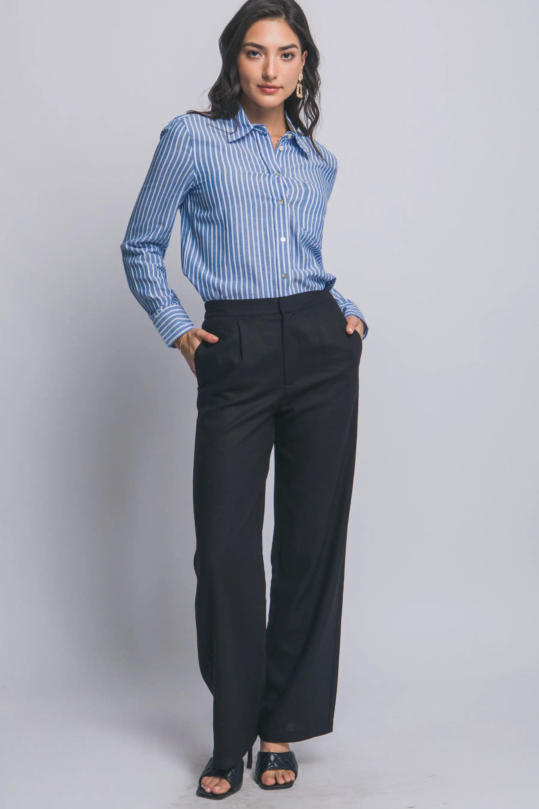 Camisa de Lino a Rayas para Mujer - Estilo Casual y Elegante Azul Manga Larga by LOVE TREE