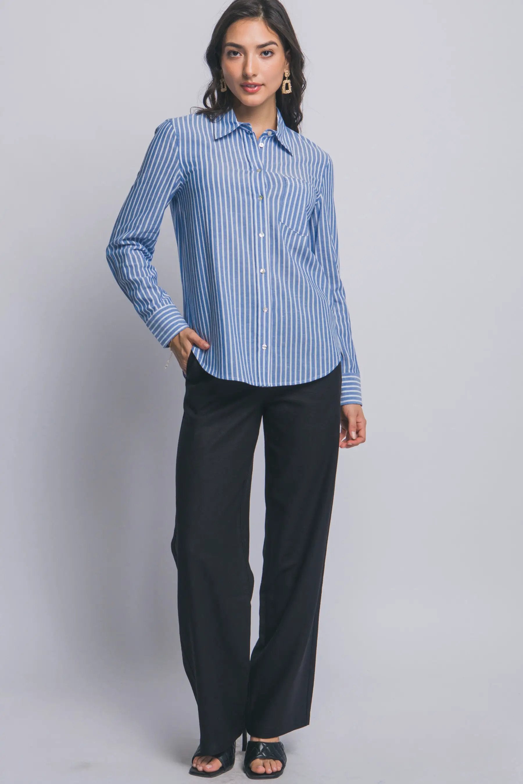 Camisa de Lino a Rayas para Mujer - Estilo Casual y Elegante Azul Manga Larga by LOVE TREE