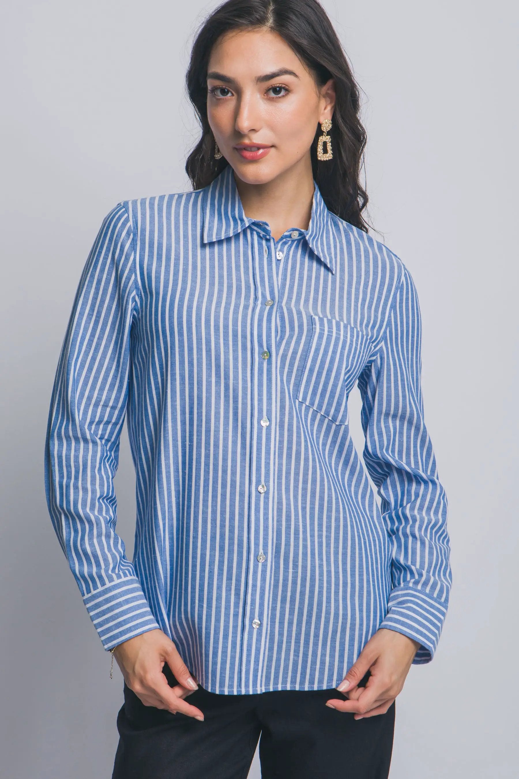 Camisa de Lino a Rayas para Mujer - Estilo Casual y Elegante Azul Manga Larga by LOVE TREE