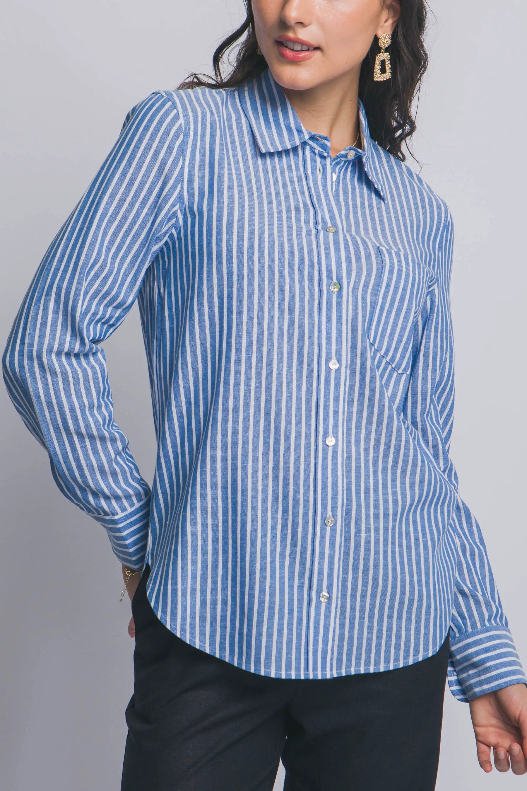 Camisa de Lino a Rayas para Mujer - Estilo Casual y Elegante Azul Manga Larga by LOVE TREE