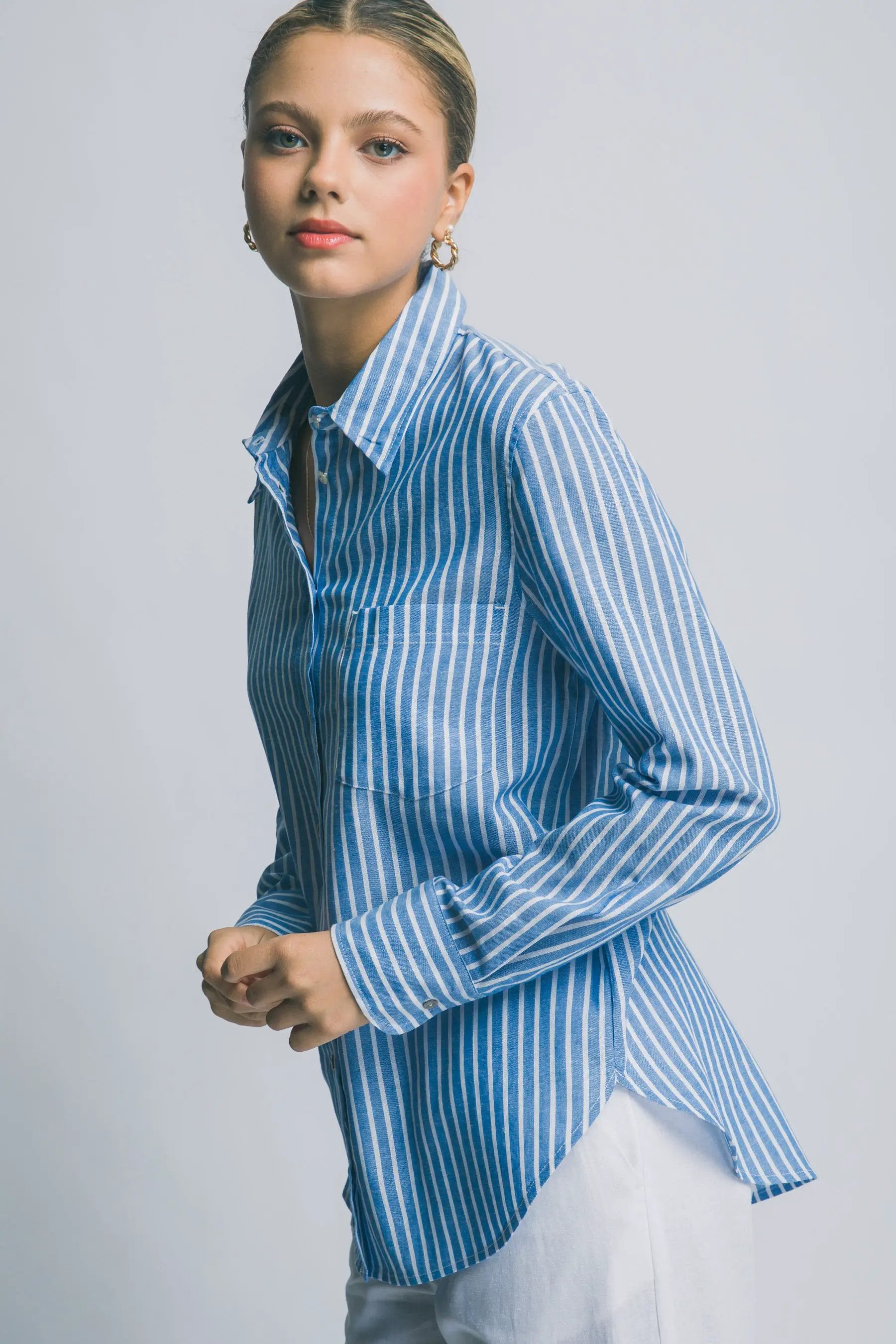 Camisa de Lino a Rayas para Mujer - Estilo Casual y Elegante Azul Manga Larga by LOVE TREE